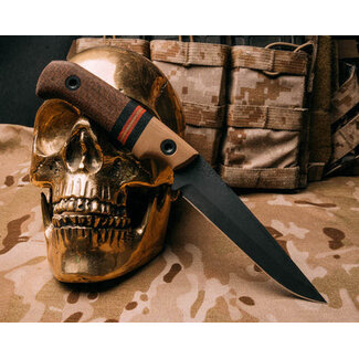 Half Face Blades Boogeyman, coyote tan G10, red and black micarta pin striping, natural micarta split, brown burlap micarta, sniper grey cerakote, allen bolts, smooth grip