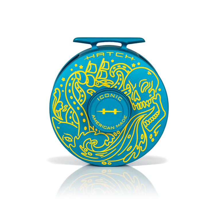 Custom Hatch Iconic 7 Plus Reel, The Kraken, Ocean Teal with Yellow paint  fill, Large Arbor - The Gadget Company