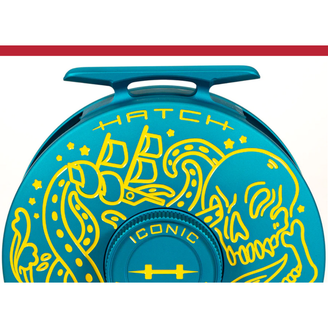 Hatch Outdoors Custom Hatch Iconic 7 Plus Reel, The Kraken, Ocean Teal with Yellow paint fill, Large Arbor
