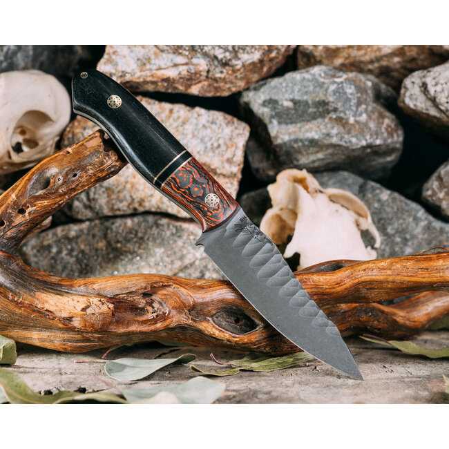Half Face Blades Field Knife Jr- Lava Flow FAT Carbon, Brass and Black G10 Pin Striping, Bog Oak, Mosaic Pins, 1/8" Mosaic Pin, Smooth Grip