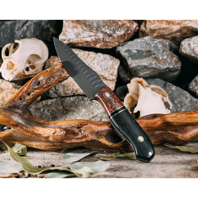 Half Face Blades Field Knife Jr- Lava Flow FAT Carbon, Brass and Black G10 Pin Striping, Bog Oak, Mosaic Pins, 1/8" Mosaic Pin, Smooth Grip