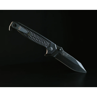 Half Face Blades Disaster Folder- Anodized Black Handle, Black Nitride Frame, Dimpled Grip, Deep Carry Pocket Clip