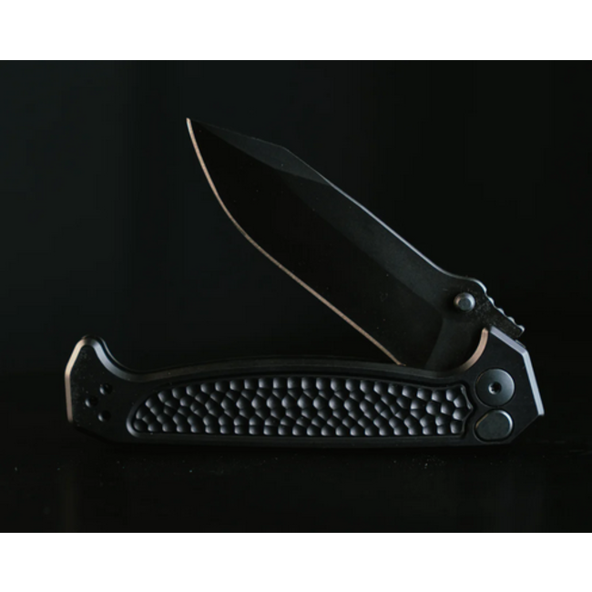 Half Face Blades Disaster Folder- Anodized Black Handle, Black Nitride Frame, Dimpled Grip, Deep Carry Pocket Clip