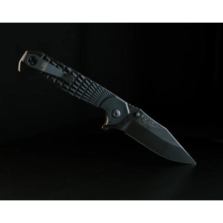 Half Face Blades Crow Folder- Anodized black frame, black nitride blade, grenade stippled Grip, deep carry pocket clip