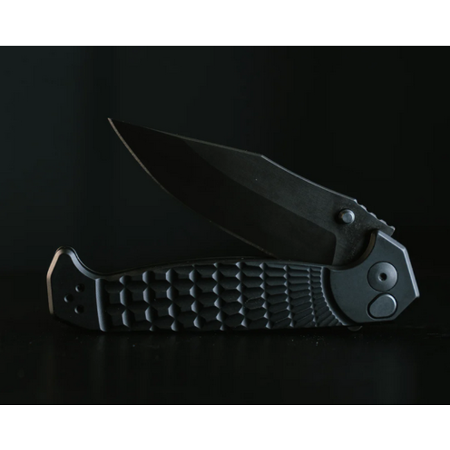 Half Face Blades Crow Folder- Anodized black frame, black nitride blade, grenade stippled Grip, deep carry pocket clip