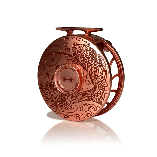 Hatch Outdoors Custom Hatch Iconic 7 Plus Reel, Artist Collaboration: Brent McCarron, Copper with Merlot paint fill, Large ArborCustom Hatch Iconic 7 Plus Reel, Artist Collaboration: Brent McCarron, Copper with Merlot paint fill, Large Arbor