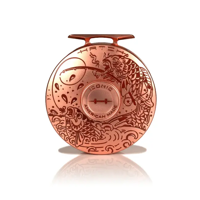 Hatch Outdoors Custom Hatch Iconic 7 Plus Reel, Artist Collaboration: Brent McCarron, Copper with Merlot paint fill, Large ArborCustom Hatch Iconic 7 Plus Reel, Artist Collaboration: Brent McCarron, Copper with Merlot paint fill, Large Arbor