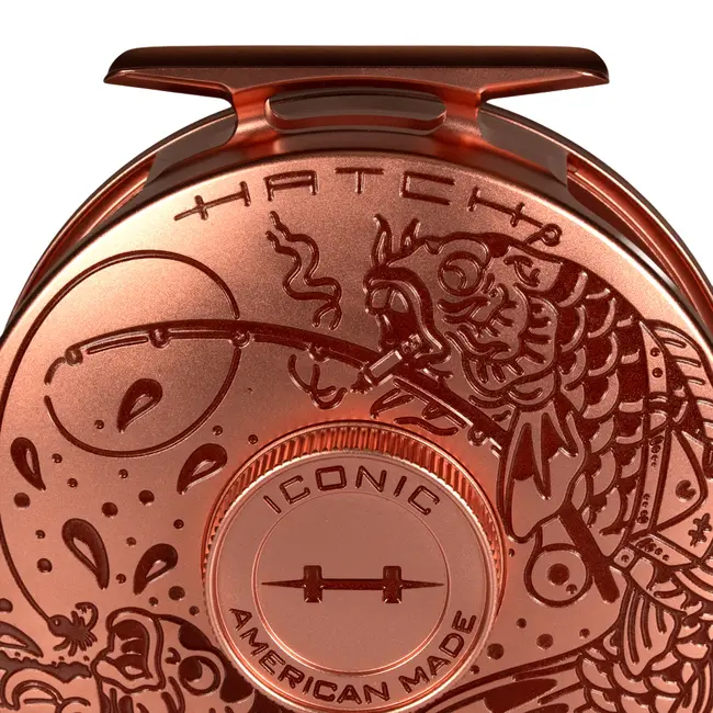 Hatch Outdoors Custom Hatch Iconic 7 Plus Reel, Artist Collaboration: Brent McCarron, Copper with Merlot paint fill, Large ArborCustom Hatch Iconic 7 Plus Reel, Artist Collaboration: Brent McCarron, Copper with Merlot paint fill, Large Arbor