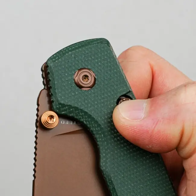 Vosteed Raccoon Top Linerlock Knife Green Micarta/Copper Dune Blade