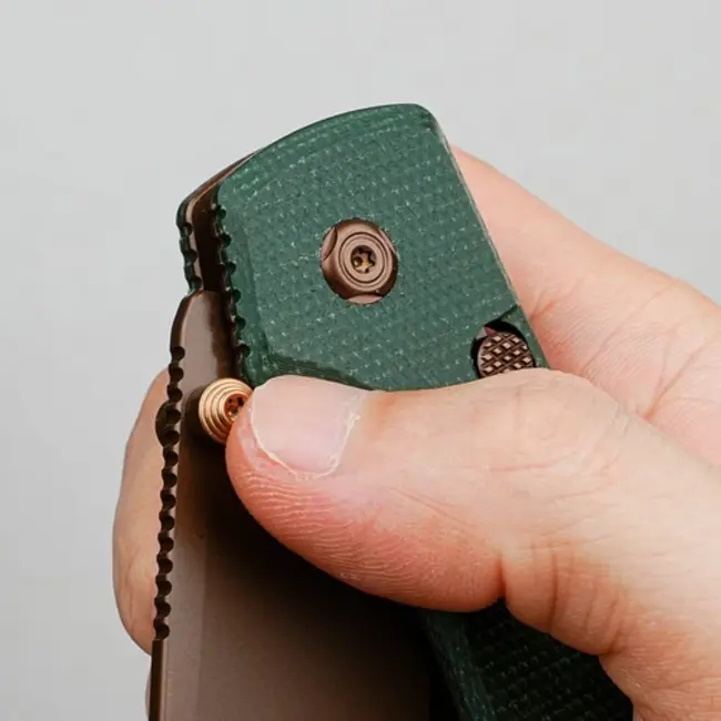 Vosteed Raccoon Top Linerlock Knife Green Micarta/Copper Dune Blade