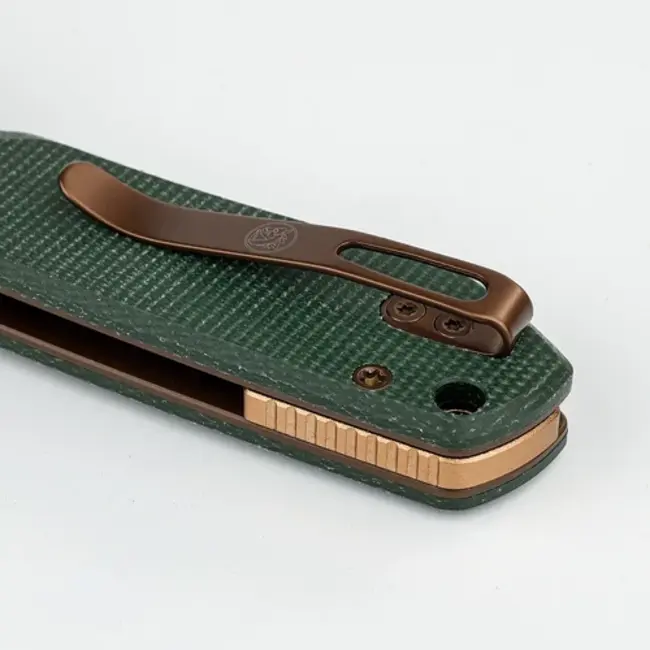 Vosteed Raccoon Top Linerlock Knife Green Micarta/Copper Dune Blade