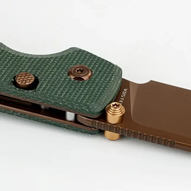 Vosteed Raccoon Top Linerlock Knife Green Micarta/Copper Dune Blade