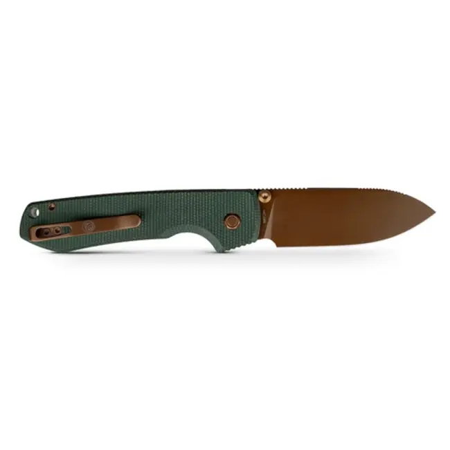 Vosteed Raccoon Top Linerlock Knife Green Micarta/Copper Dune Blade