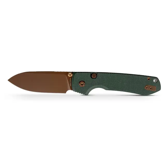 Vosteed Raccoon Top Linerlock Knife Green Micarta/Copper Dune Blade