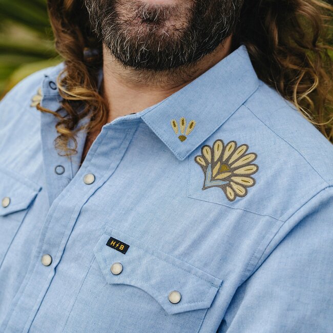 Howler Brothers Crosscut Deluxe Longsleeve - Fanned Flora : Faded Blue Oxford