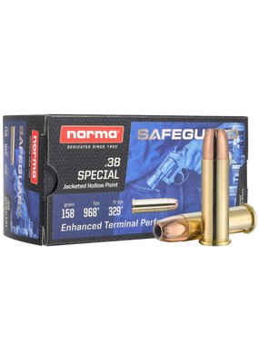 NORMA AMMUNITION (RUAG) .38 SPECIAL – 158 GR – JACKETED HOLLOW POINT (JHP) – NORMA SAFEGUARD – QTY 50 UPC: 810036150132