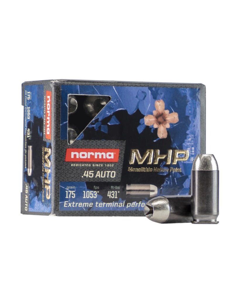 NORMA AMMUNITION (RUAG) NORMA, 45 Auto MHP (Monolithic Hollow Point), 175gr, 20rd