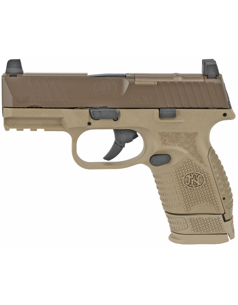 FNH USA FN 509, MRD, Semi-automatic, Striker Fired, Compact, 9mm, 3.7" Barrel, Polymer Frame, FDE, 2-10Rd, Non-Manual Safety, Interchangeable Backstraps FN Soft Case, Rail, Front Serrations, Loaded Chamber Indicator