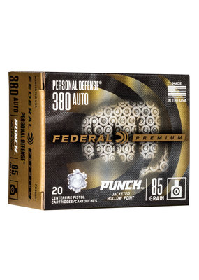 Federal Ammunition Federal Personal Defense Punch 380AUTO 85GR JHP 20/200 MFG# PD380P1 UPC# 604544659009