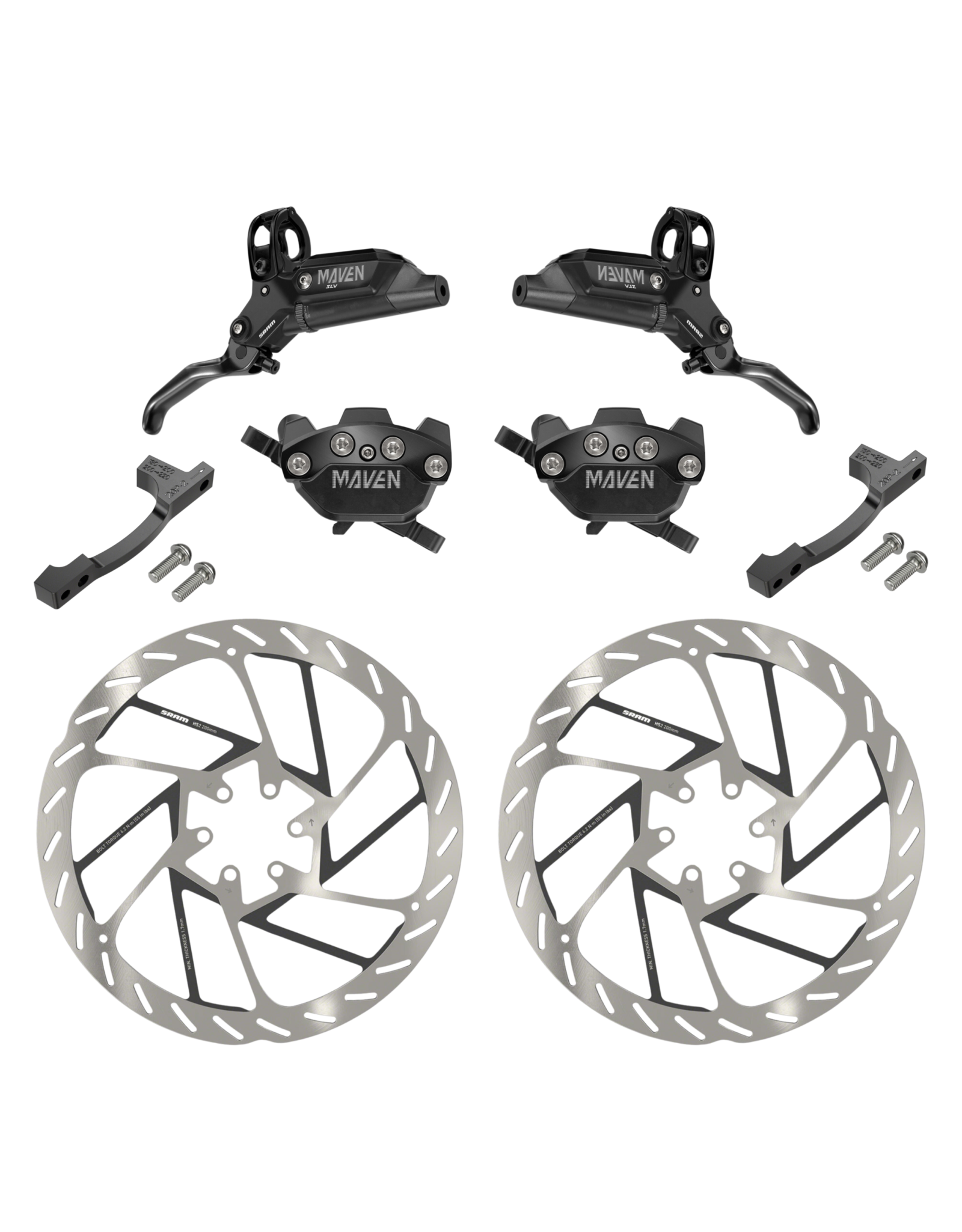 SRAM SRAM Maven Silver Stealth Disc Brake & Rotor Kit - 2 Brakes w/ Hose, 2 Rotors, 2 Post Mount Adapters, (Color Black), A1