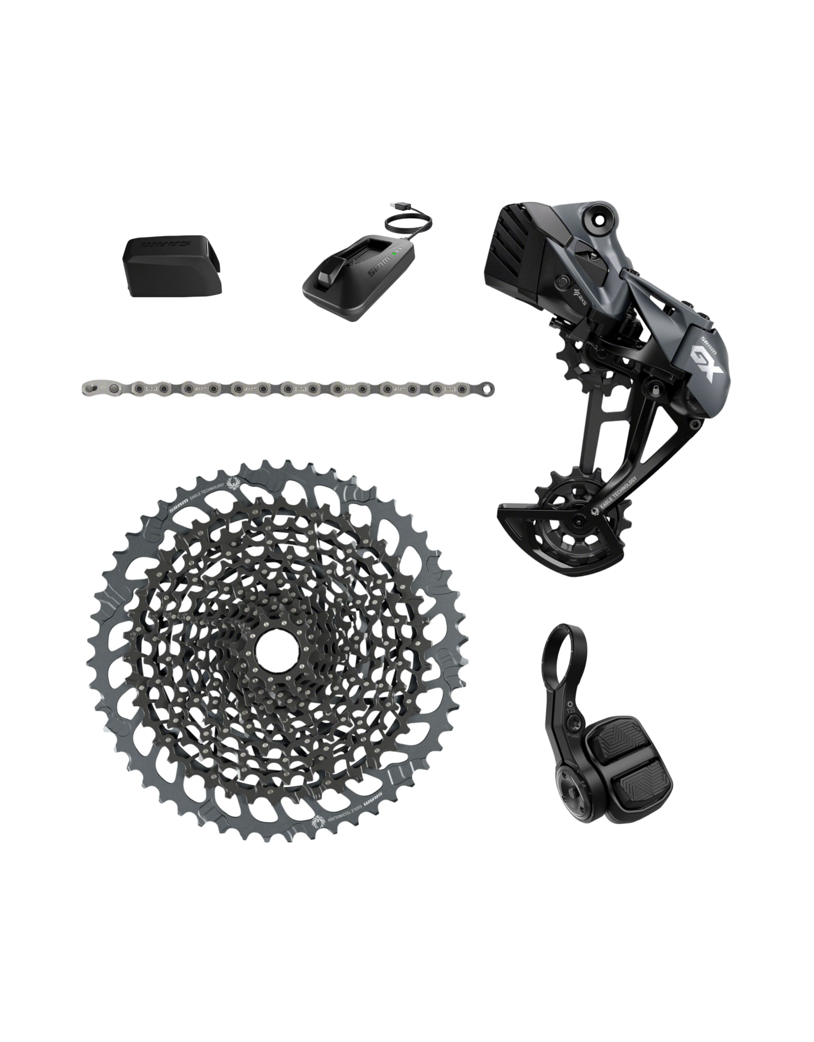 SRAM C: SRAM GX Eagle AXS Drivetrain Kit (Derailleur, Shifter, Cassette, Chain, Battery, & Charger)