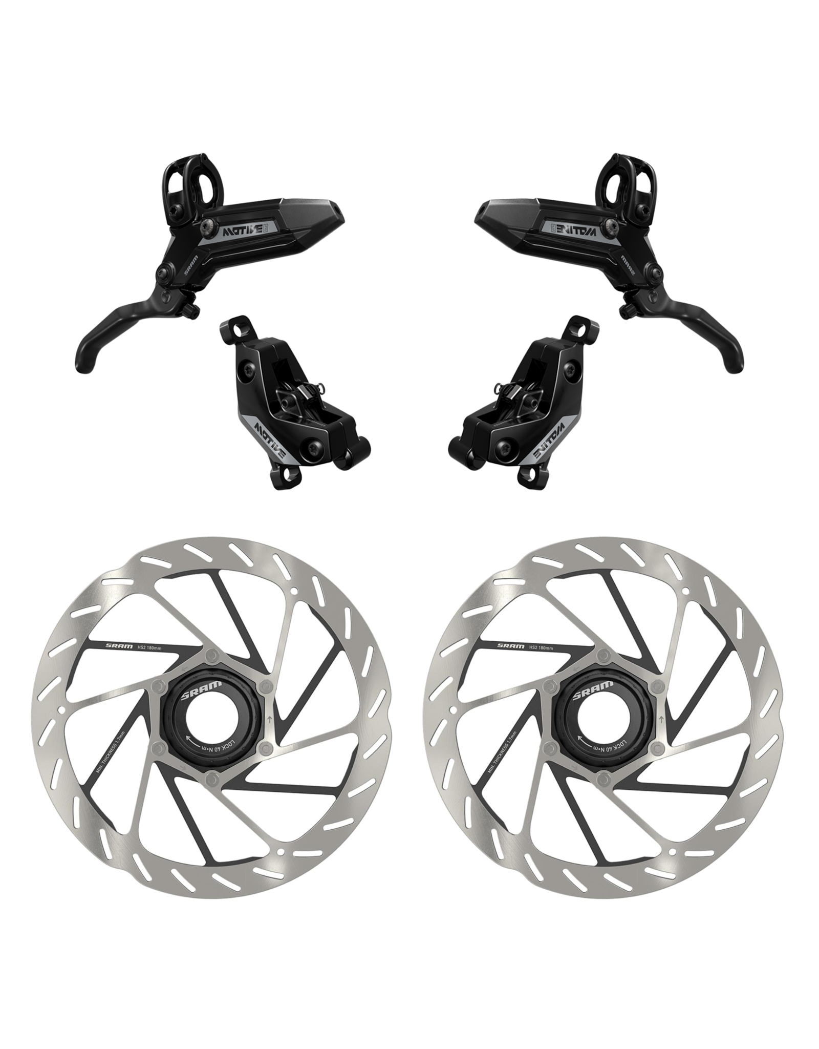 SRAM SRAM Motive Silver Brake Set - Front & Rear, Bearing Lever, Tool Free Reach, Bleeding Edge, includes MMX Clamps and (2) 180mm Centerlock Rotors, A1