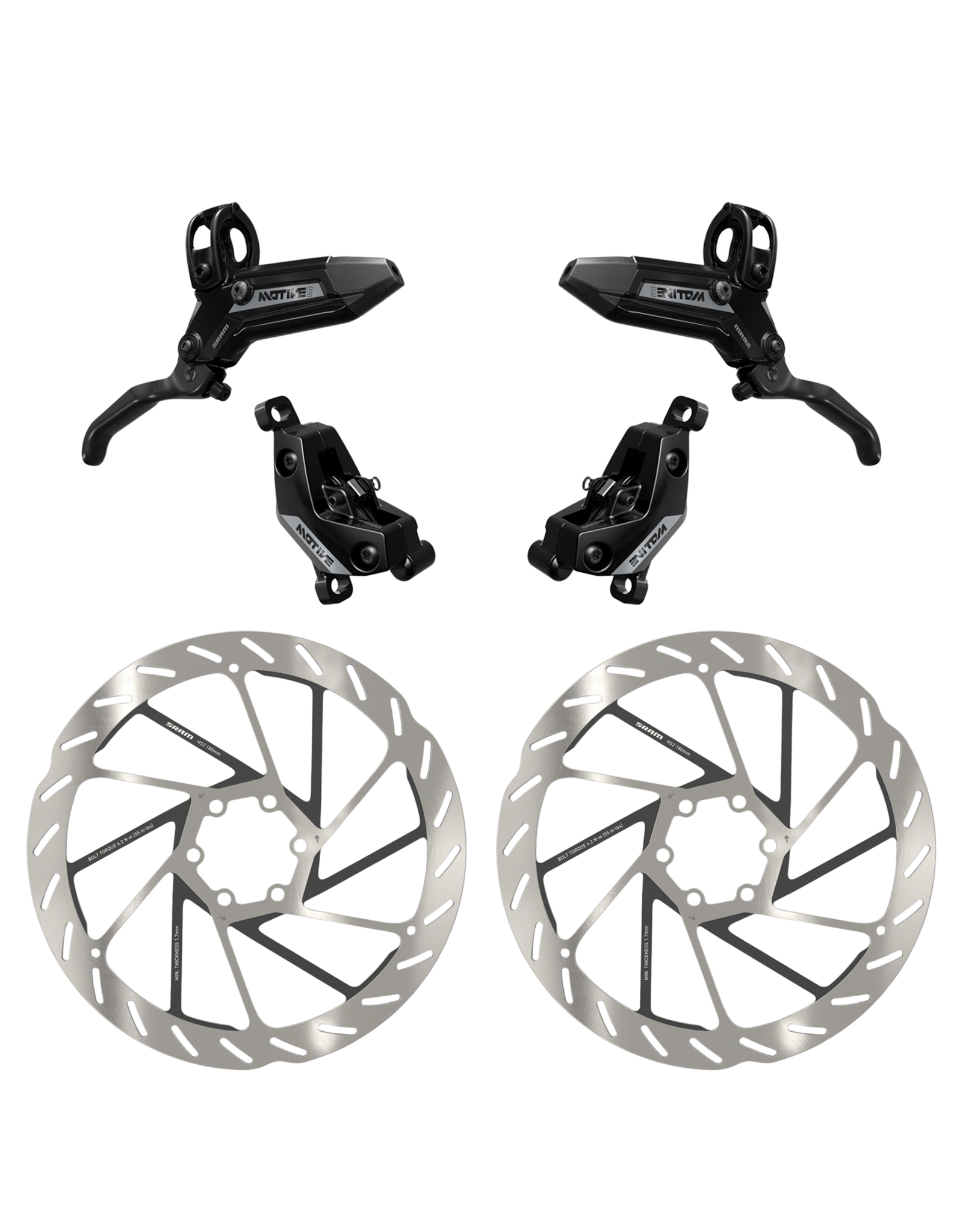 SRAM SRAM Motive Silver Brake Set - Front & Rear, Bearing Lever, Tool Free Reach, Bleeding Edge, includes MMX Clamps and (2) 180mm 6-Bolt Rotors, A1