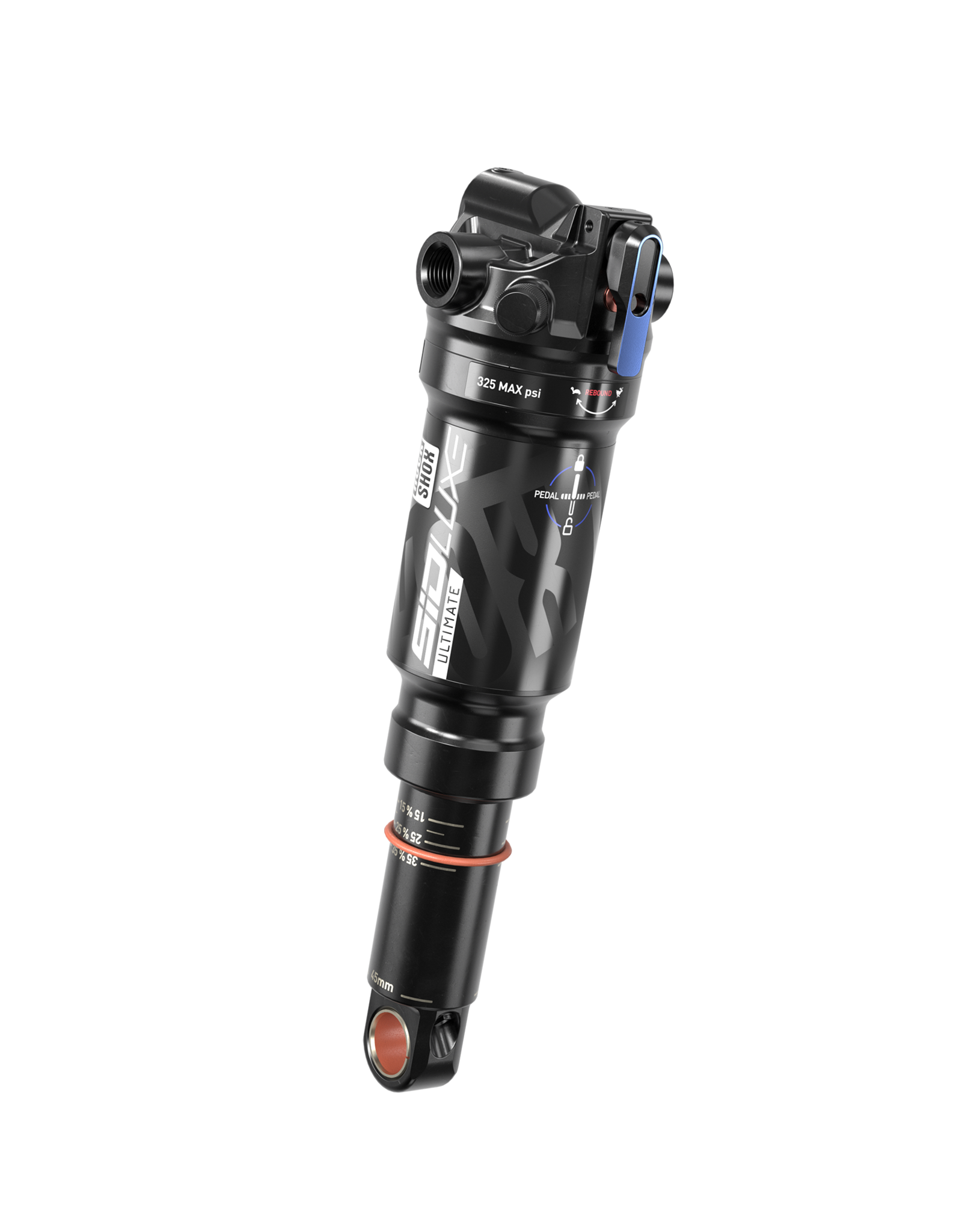 RockShox Rear Shock SIDLuxe Ultimate 3 Position Lever - (165X45) SoloAir, 1 Token, Reb85/Comp30, MidMode 8, Lockout 8, Trunnion Standard (inc ludes blue,red decals) - A2