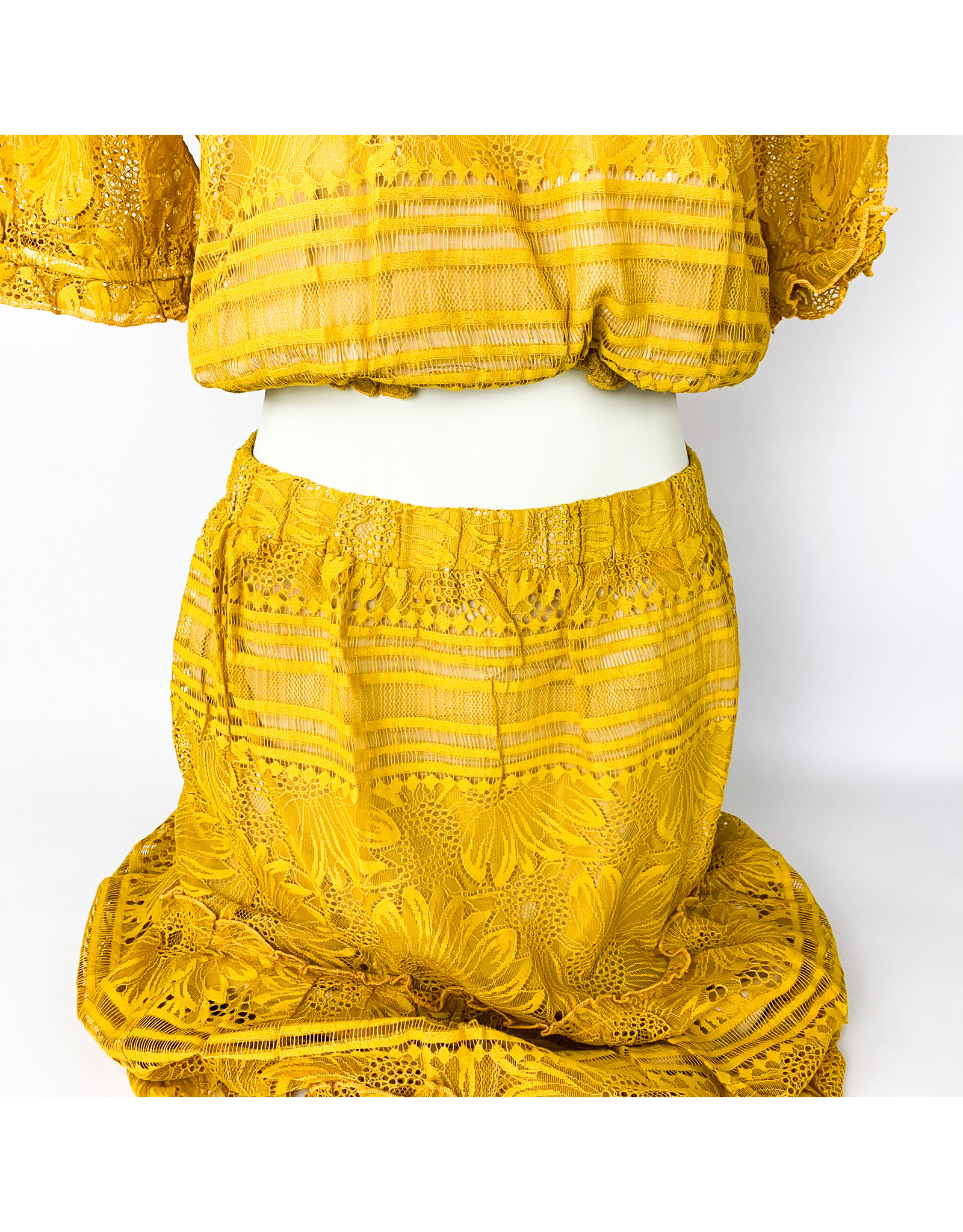 Mystree Mustard Tiered Lace Midi Skirt