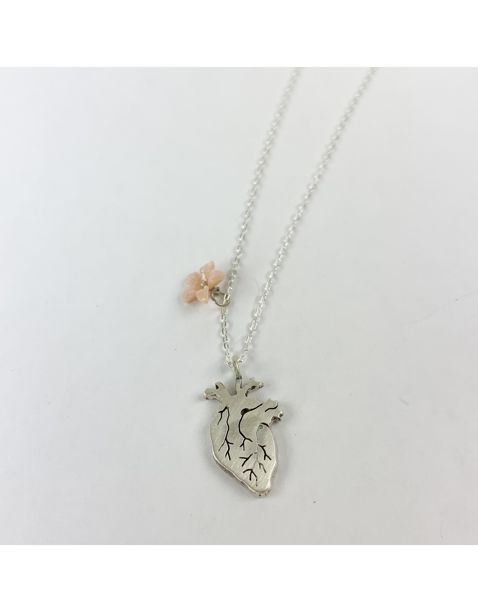 Penny Larsen Anatomical  Heart with MOPSS Flower -Sterling