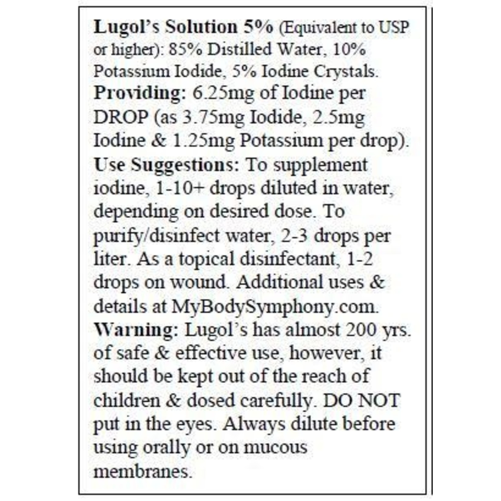 Body Symphony Lugols Iodine 2.2% Solution 2oz bottle