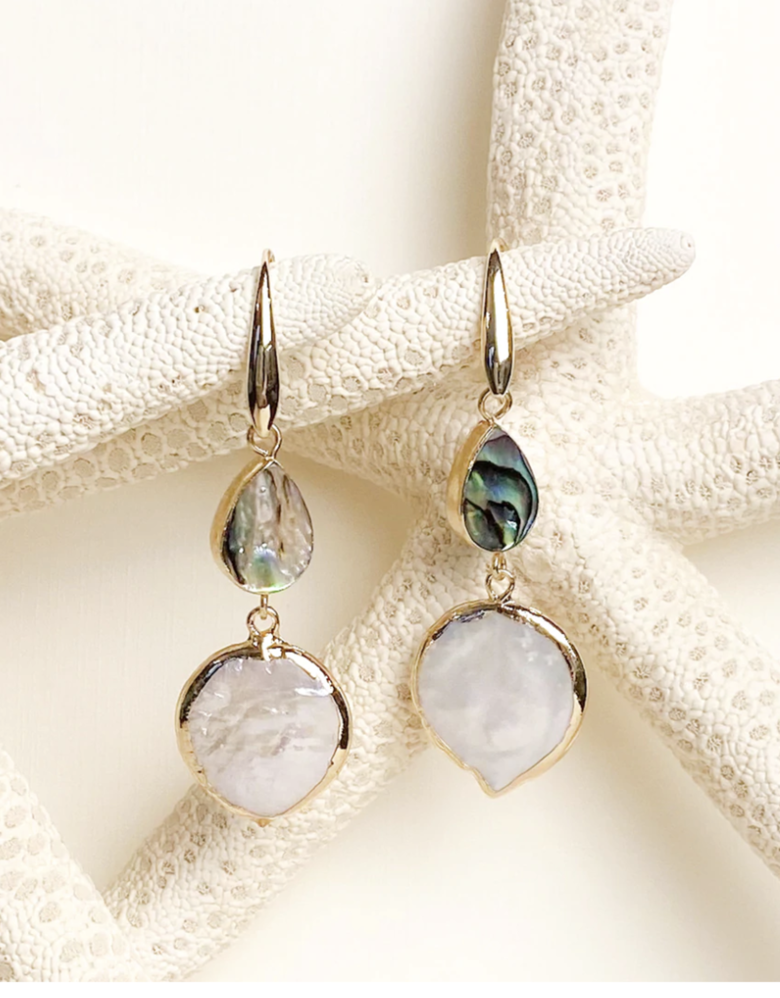 Ocean Springs Double Drop Abalone and Coin Pearl Earrings
