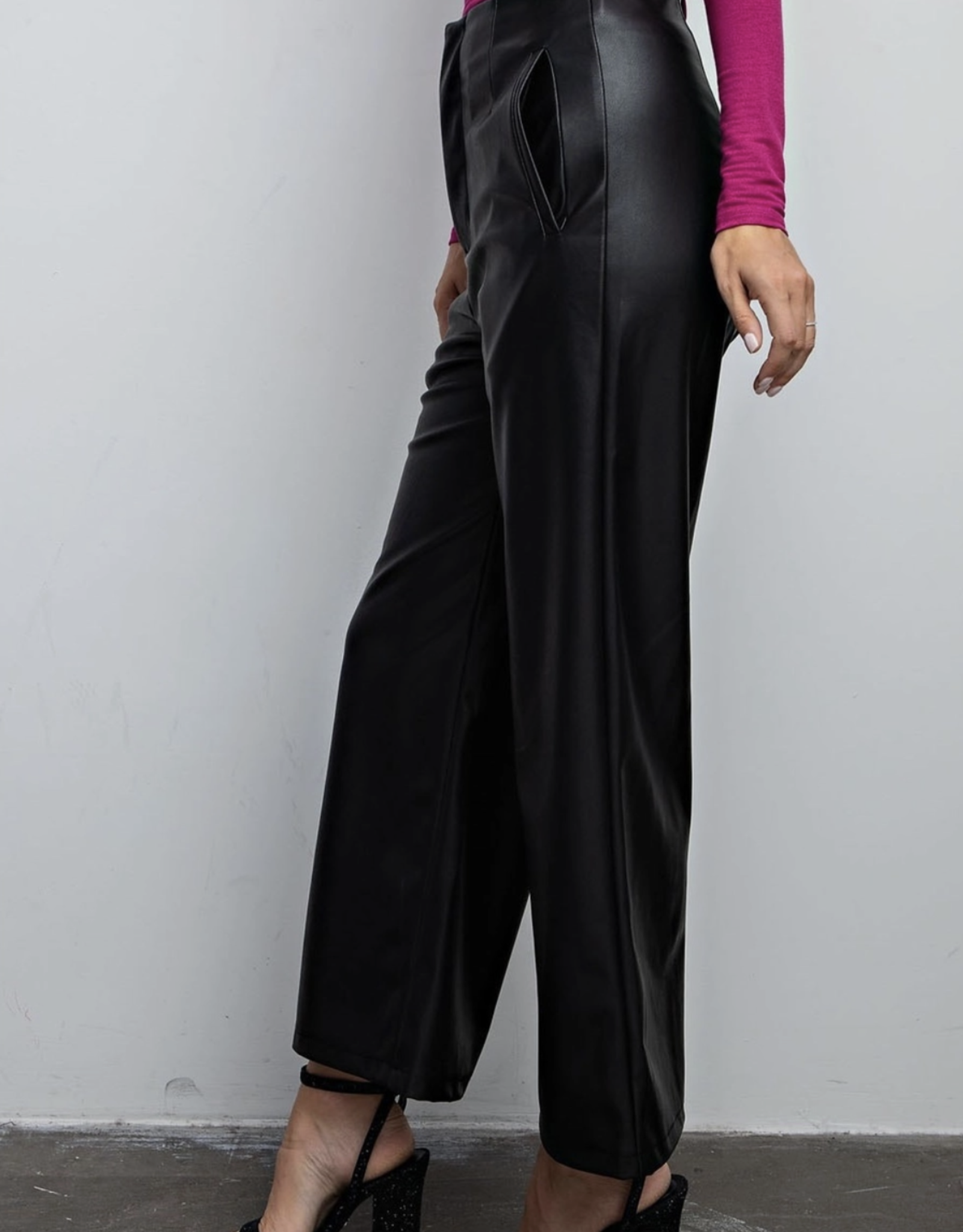 Style USA High Waist Wide Leg  Black Faux Leather Pants