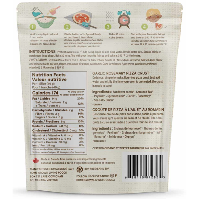 HOME GROWN LIVING FOODS Croûte de Pizza Cétogène Ail et Romarin 330g