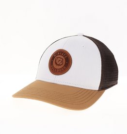 Legacy White Carmel Brown Leather Patch Mid Pro Snapback Trucker Hat