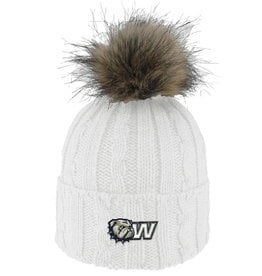 Logo Fit White Alps Embroidered Dog Head W Knit Cuff Faux Fur Pom Beanie Hat