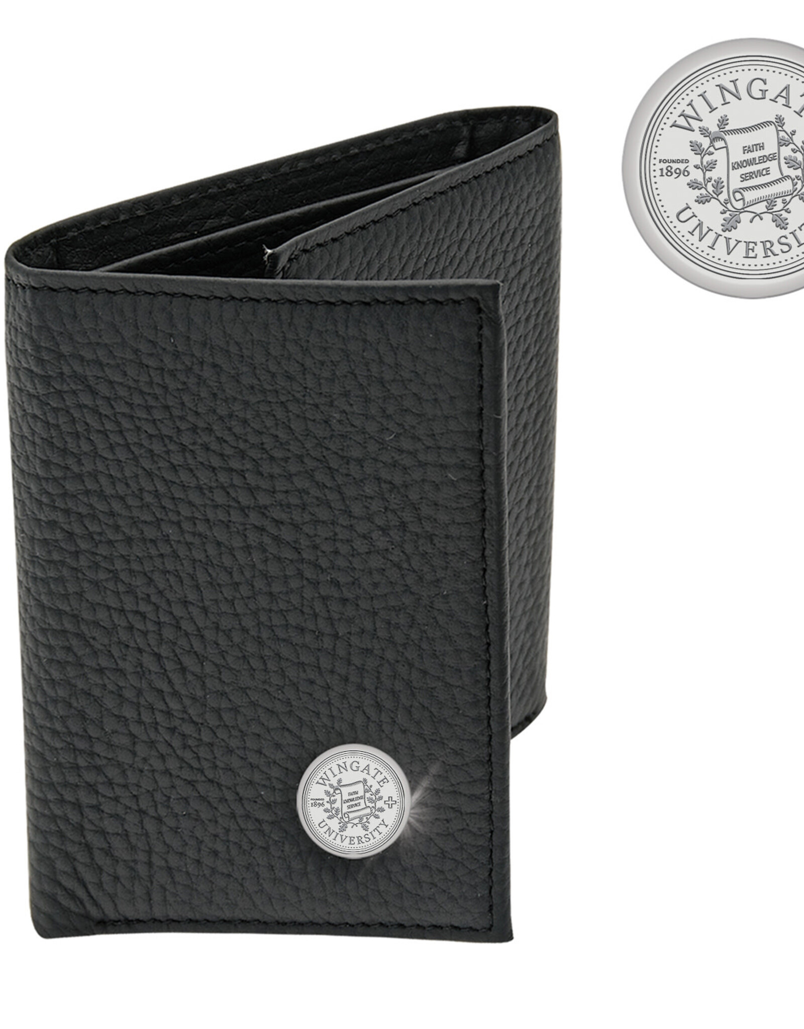 DROP SHIP ONLY Mens Black Leather Trifold Wallet with silver Wingate University Seal (ONLINE ONLY)