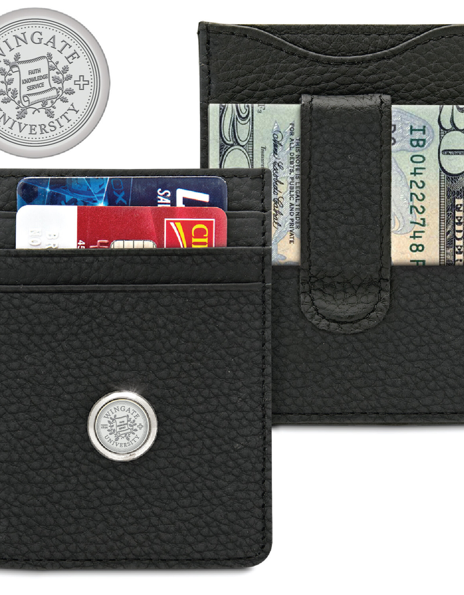 DROP SHIP ONLY Mens Black Leather Money Clipcard Holder with silver Wingate University Seal (ONLINE ONLY)