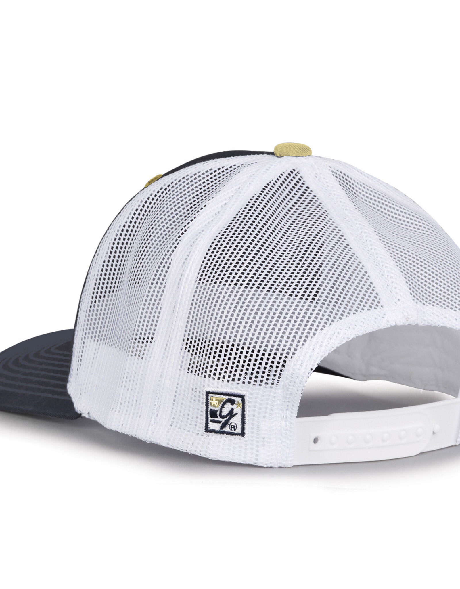 The Game Navy White Embroidered Dog Head W Mid Pro Rise Structured Mesh Snap Back Hat