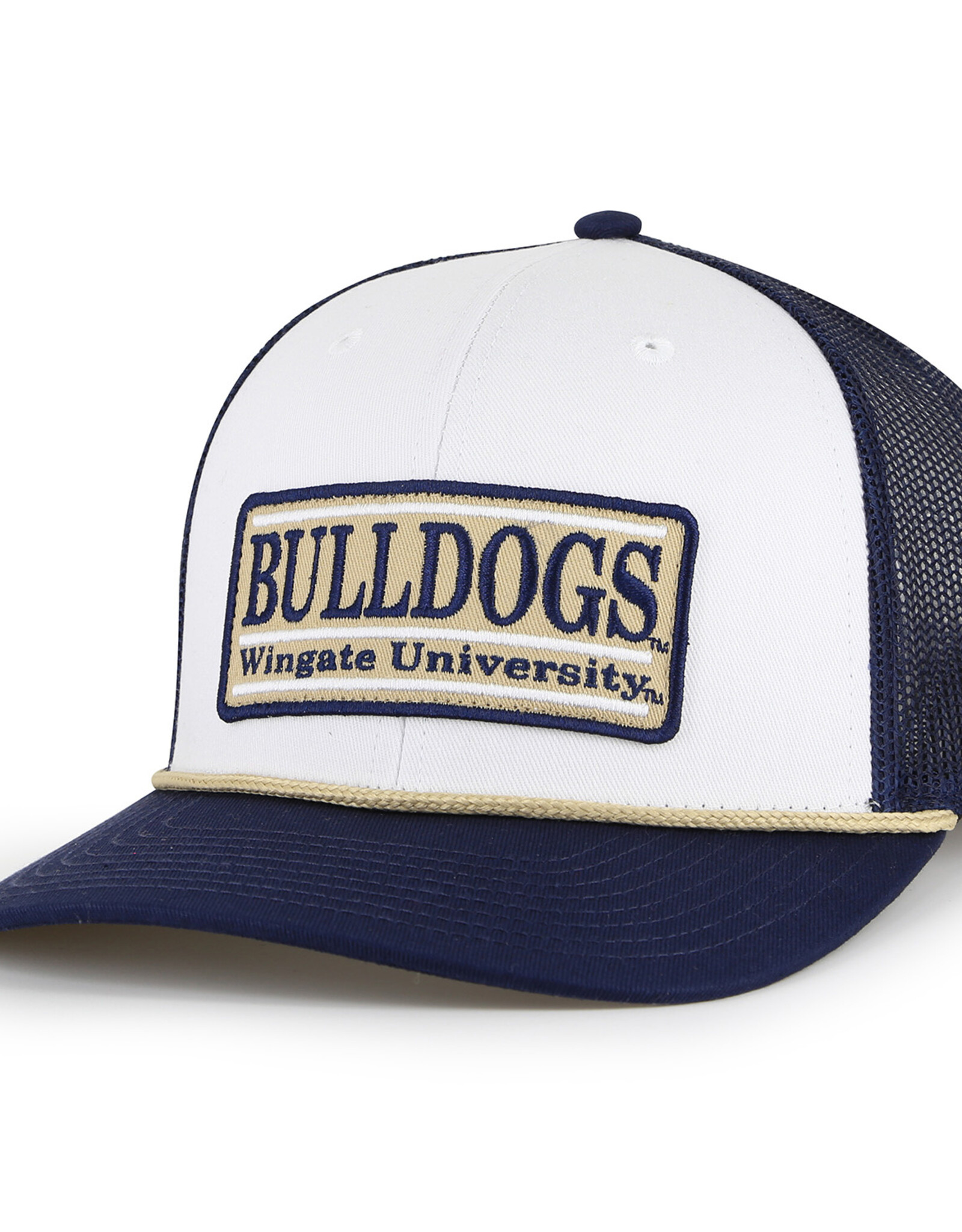 The Game Navy White Gold Rope Bulldogs Wingate University Patch  Structured Everyday Trucker Snapback Hat