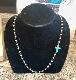 diana warner Floating Julie Cross Necklace-Short sterling pearl Chain-Turquoise stone Cross