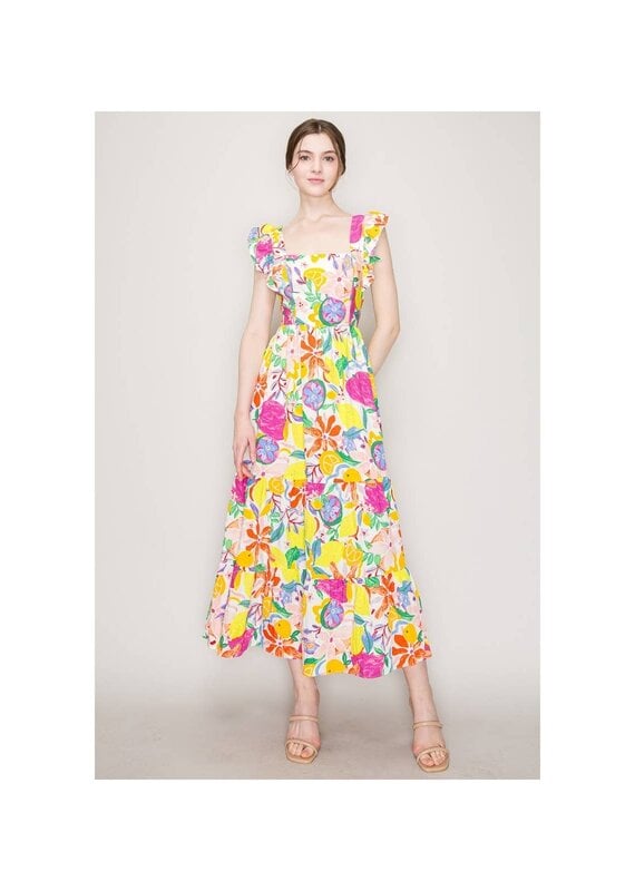 Ina INA Flutter Sleeve Fruit Floral Maxi Dress