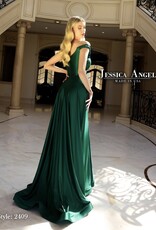 Off Shoulder Long Formal Gown with Horsehair Trim and Train