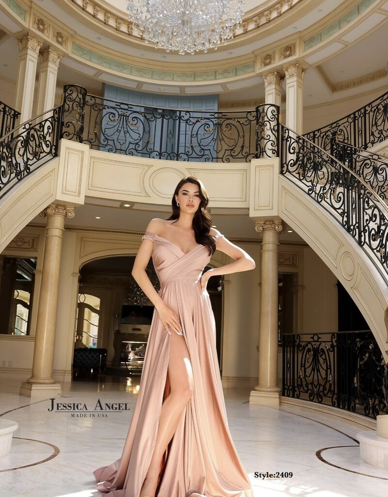 Off Shoulder Long Formal Gown with Horsehair Trim and Train