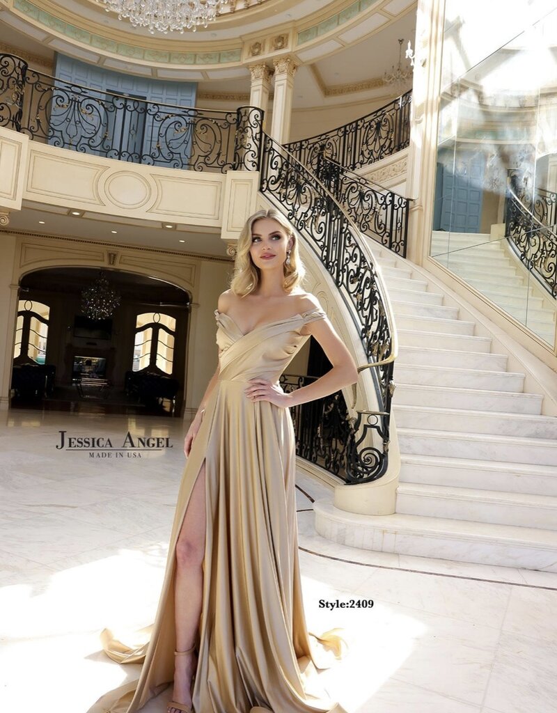 Off Shoulder Long Formal Gown with Horsehair Trim and Train
