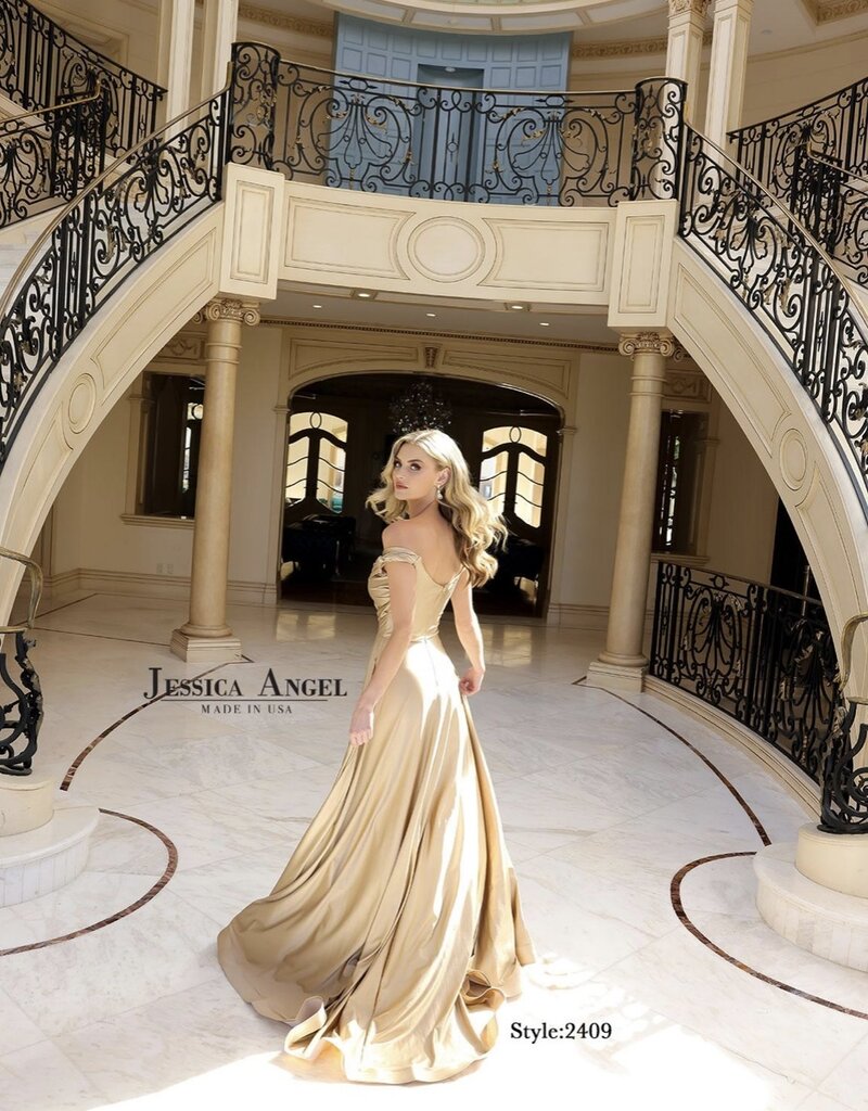 Off Shoulder Long Formal Gown with Horsehair Trim and Train