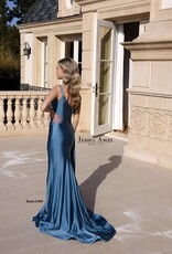 Long Formal Gown with Asymmetrical Neckline and Beaded Straps