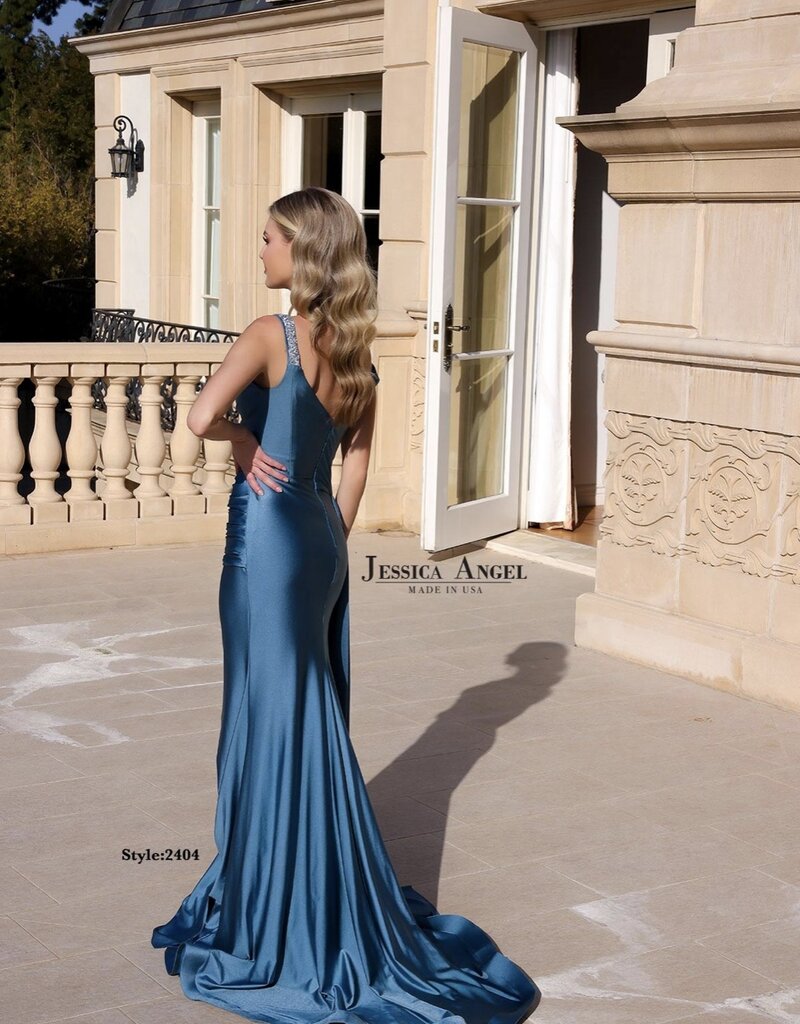 Long Formal Gown with Asymmetrical Neckline and Beaded Straps