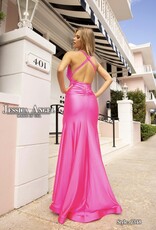 High Slit Long Formal Gown with Halter Neck and Criss Cross Straps