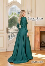 A-Line Long Sleeve Formal Gown with Slit and Low Neckline